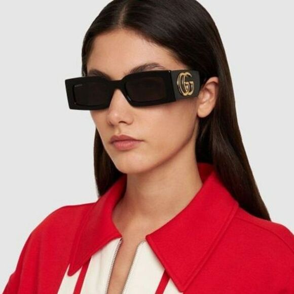 NEW Gucci GG1425S 001 Black Grey Rectangle Unisex Sunglasses GG 1425S - Picture 4 of 14